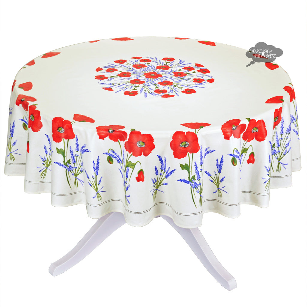 French Provencal tablecloth - Acrylic coated cotton, Spill-proof - 70" round - Poppies ivory | Tissus Toselli