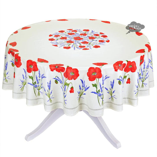 French Provencal tablecloth - Acrylic coated cotton, Spill-proof - 70" round - Poppies ivory | Tissus Toselli