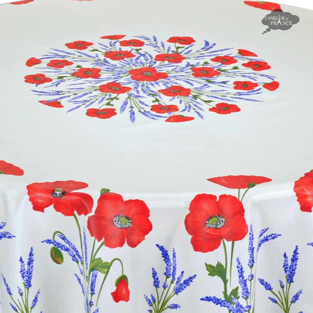 French Provencal tablecloth - Acrylic coated cotton, Spill-proof - 70" round - Poppies ivory | Tissus Toselli