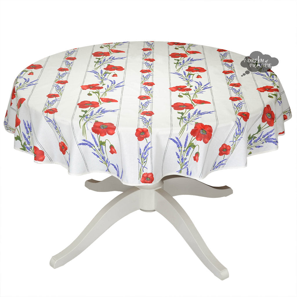 French Provencal tablecloth - Acrylic coated cotton, Spill-proof - 58" round - Poppies ivory | Tissus Toselli
