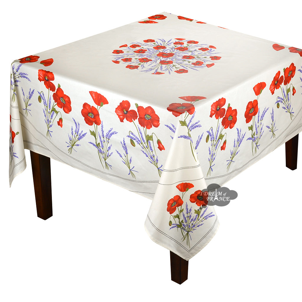 French Provencal tablecloth - Acrylic coated cotton, Spill-proof - 70" square - Poppies ivory | Tissus Toselli