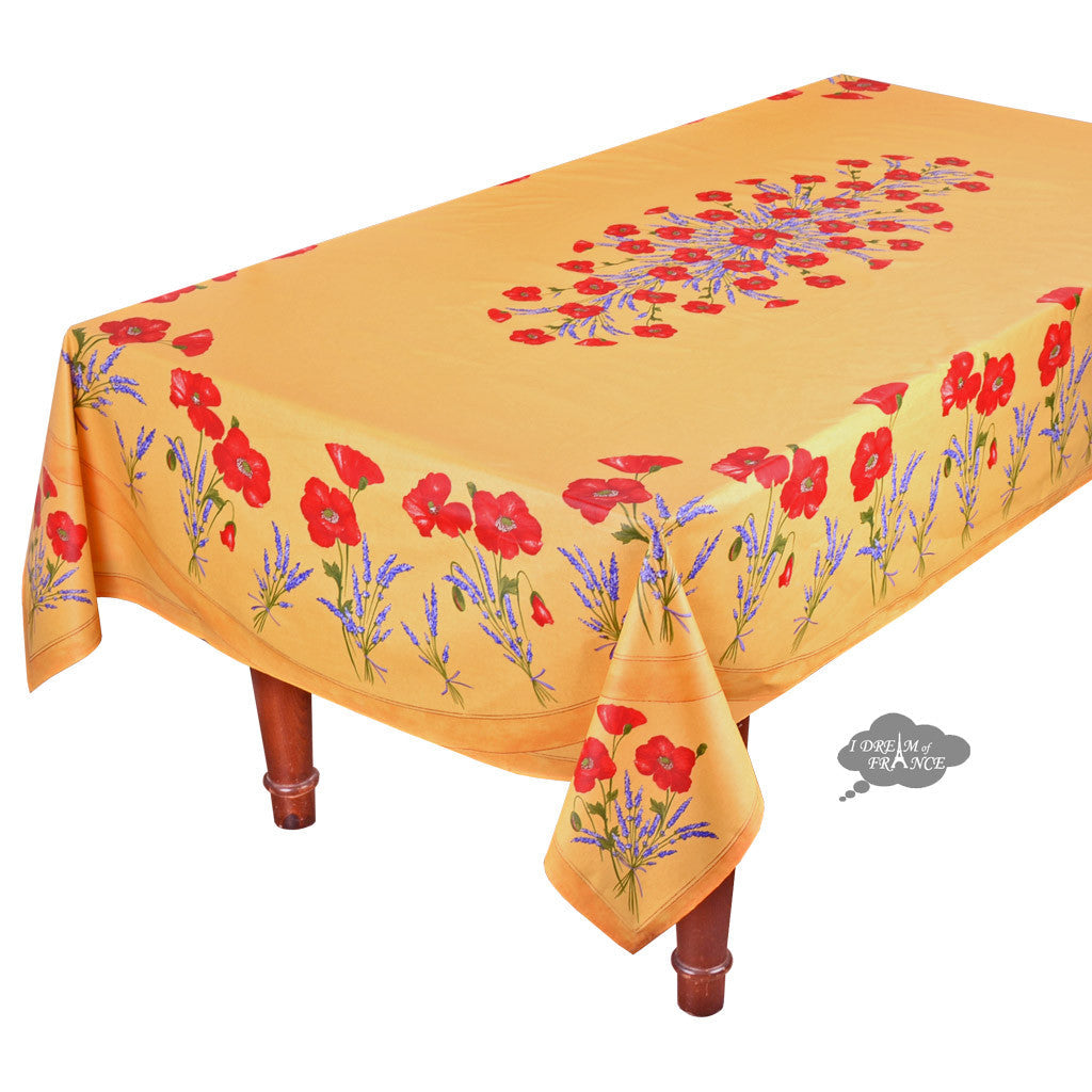 French Provencal tablecloth - Acrylic coated cotton, Spill-proof - 60x96" Rectangular - Poppies yellow | Tissus Toselli