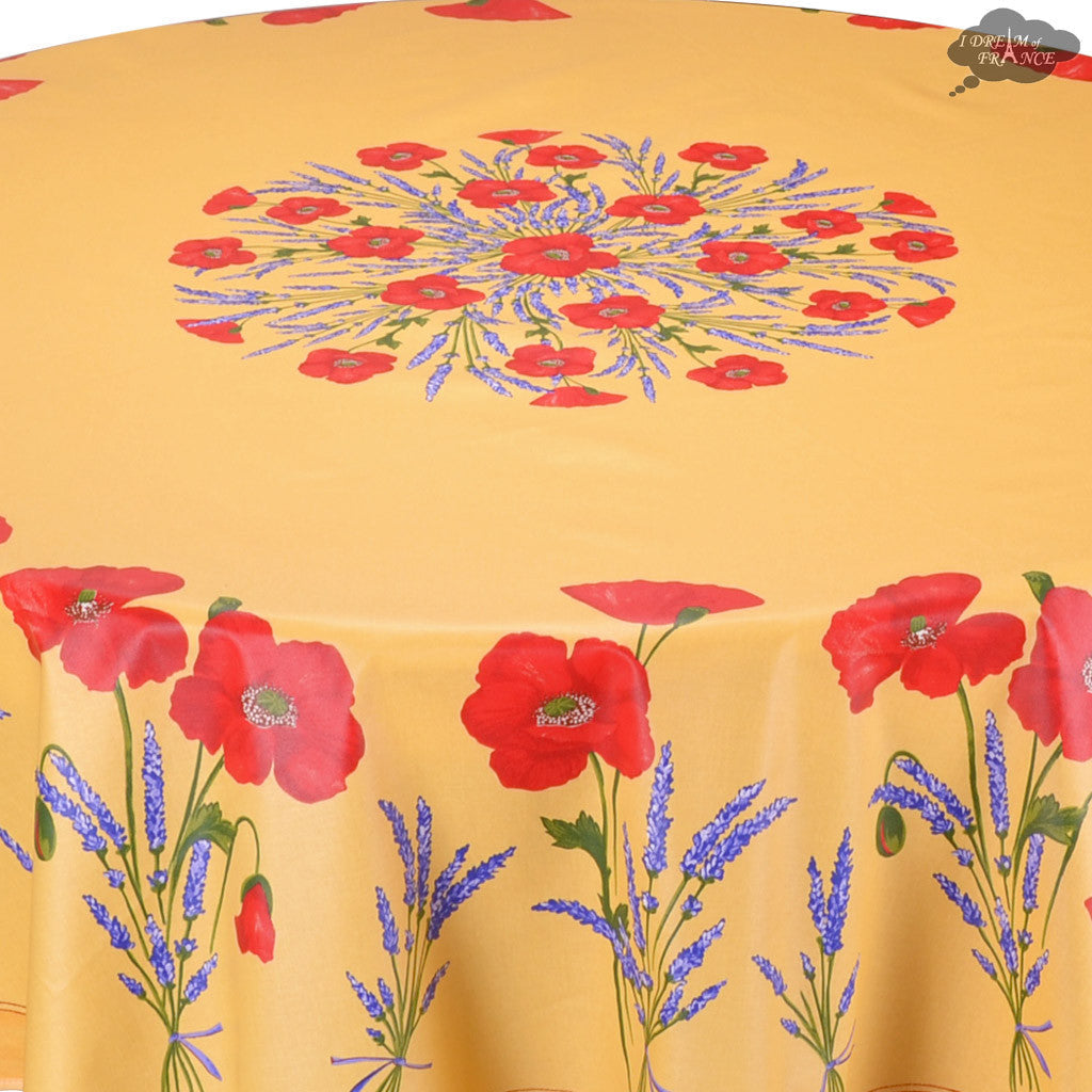 French Provencal tablecloth - Acrylic coated cotton, Spill-proof - 70" round - Poppies yellow | Tissus Toselli