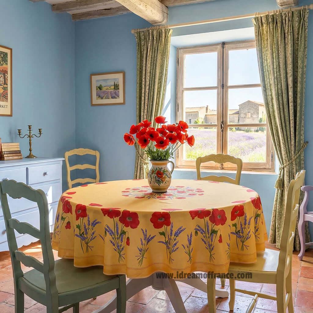 French Provencal tablecloth - Acrylic coated cotton, Spill-proof - 70" round - Poppies yellow | Tissus Toselli