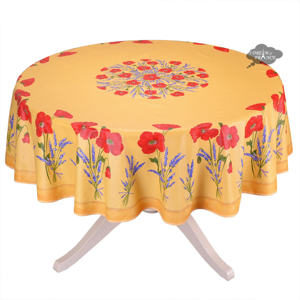 French Provencal tablecloth - Acrylic coated cotton, Spill-proof - 70" round - Poppies yellow | Tissus Toselli