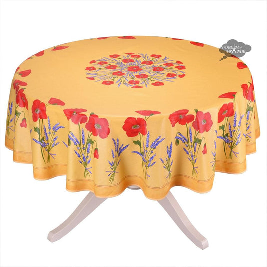 French Provencal tablecloth - Acrylic coated cotton, Spill-proof - 70" round - Poppies yellow | Tissus Toselli