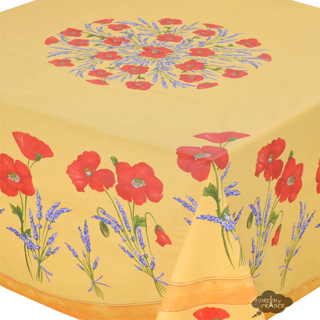 French Provencal tablecloth - Acrylic coated cotton, Spill-proof - 70" square - Poppies yellow | Tissus Toselli