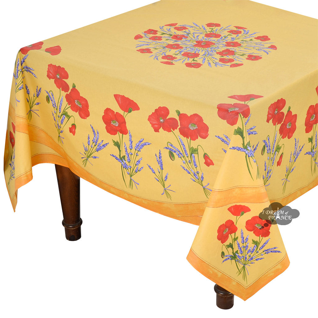 French Provencal tablecloth - Acrylic coated cotton, Spill-proof - 70" square - Poppies yellow | Tissus Toselli