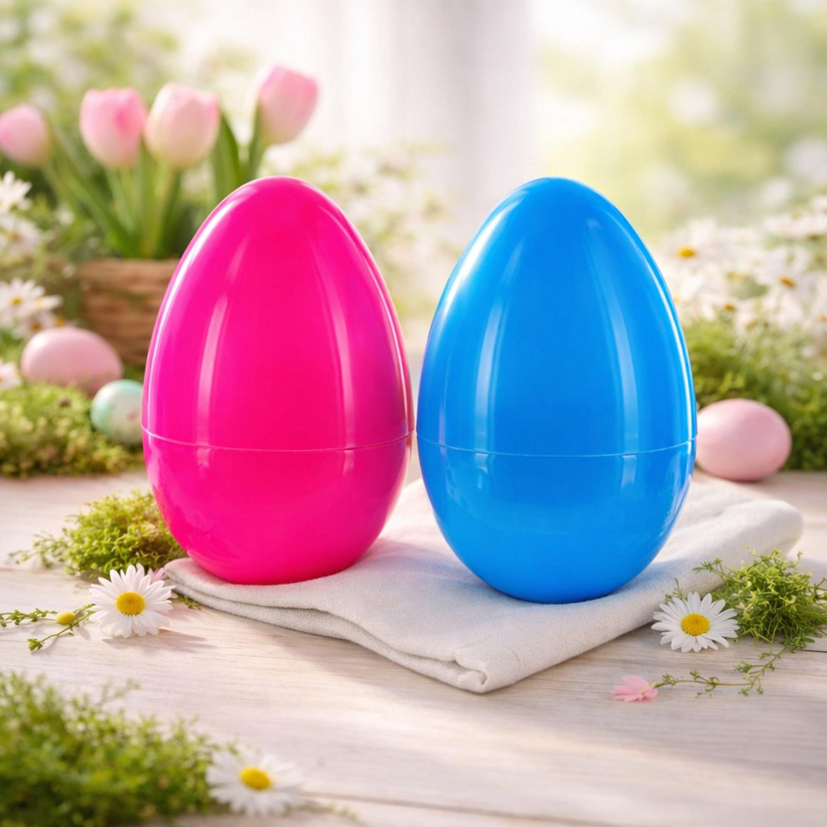 two plastic eggs on a table