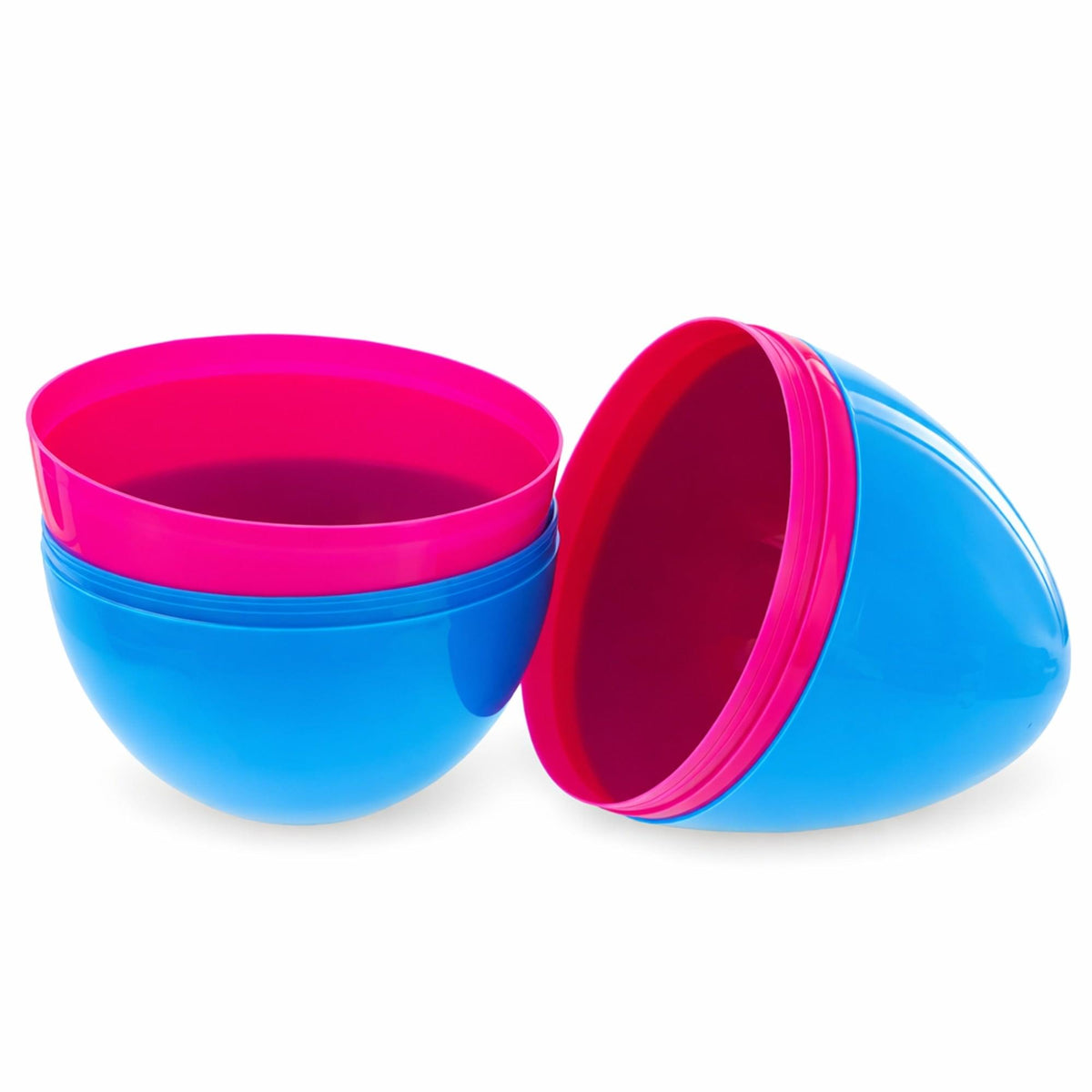 a blue and pink plastic egg shaped container
