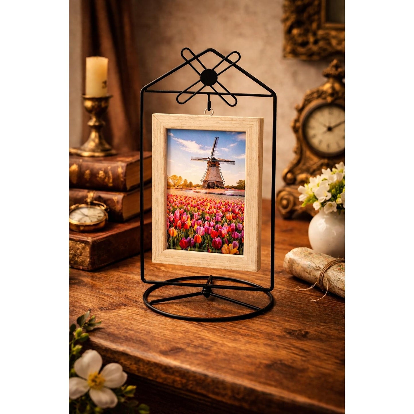 Black Windmill Roof House Hanging Photo Picture Frame and Metal Ornament Stand 10.15 Inches