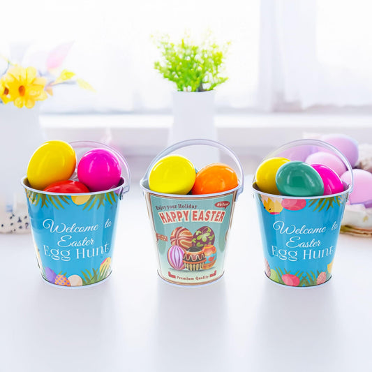 buckets filled with colorful eggs on a table
