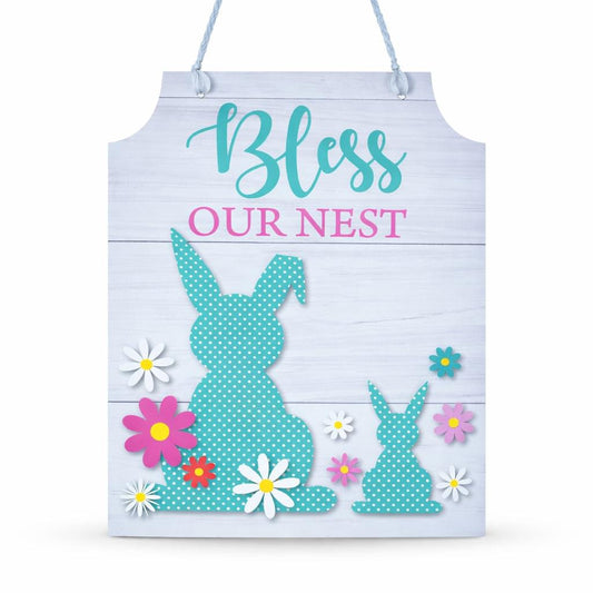a sign with bunny and flowers