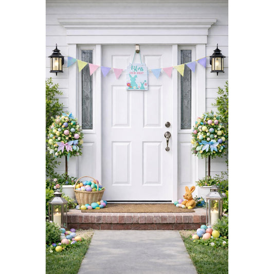 a white door with a bunny and eggs decoration