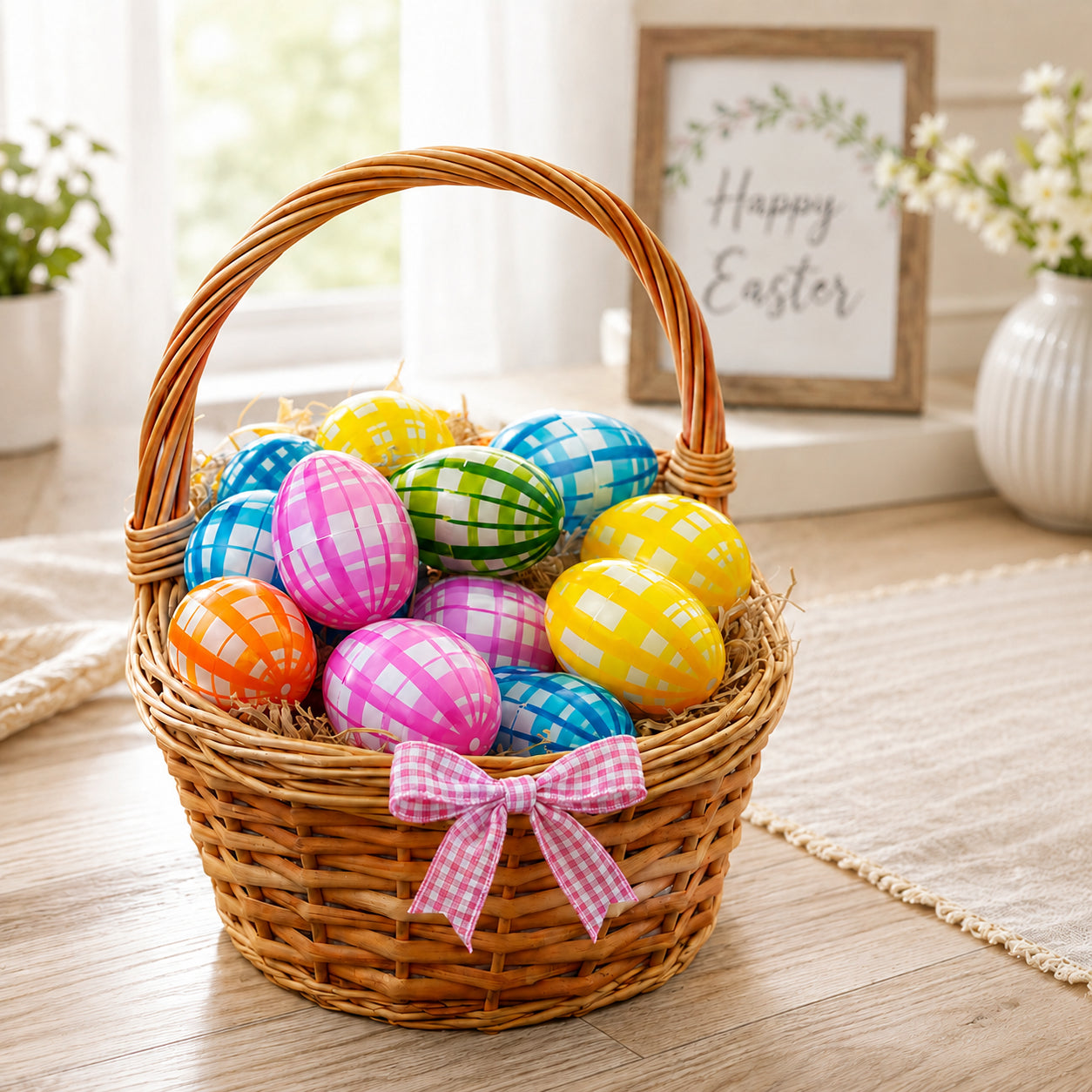 Set of 12 Fillable Easter Eggs Multicolor Plaid Plastic Hinged Eggs 2.25 Inches