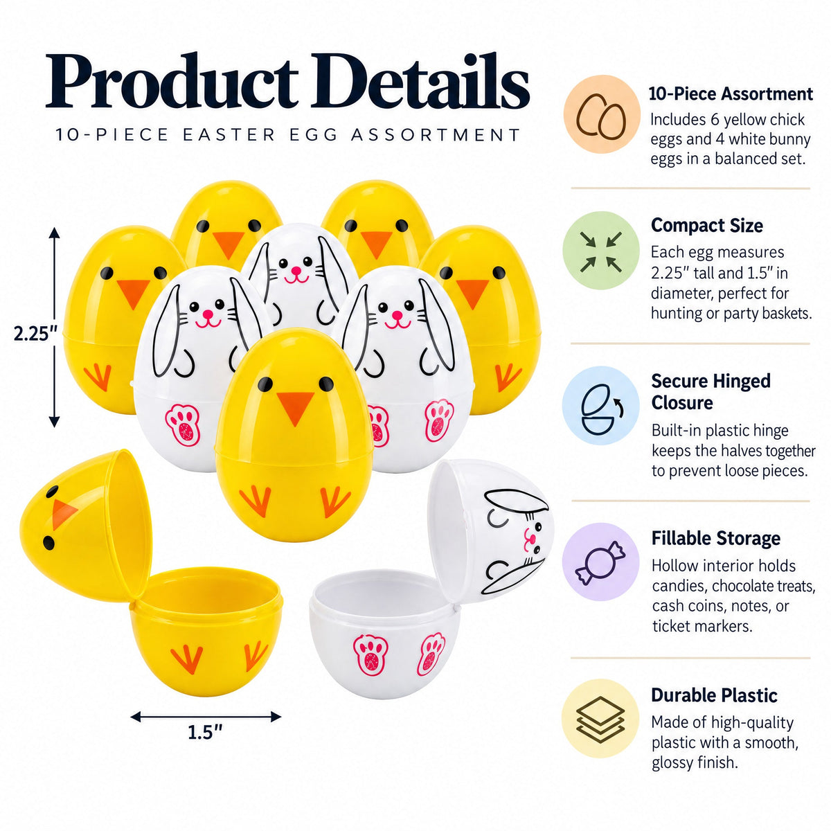 Set of 10 Fillable Plastic Easter Eggs - Bunny Chick Hunt Supply 2.25 Inches