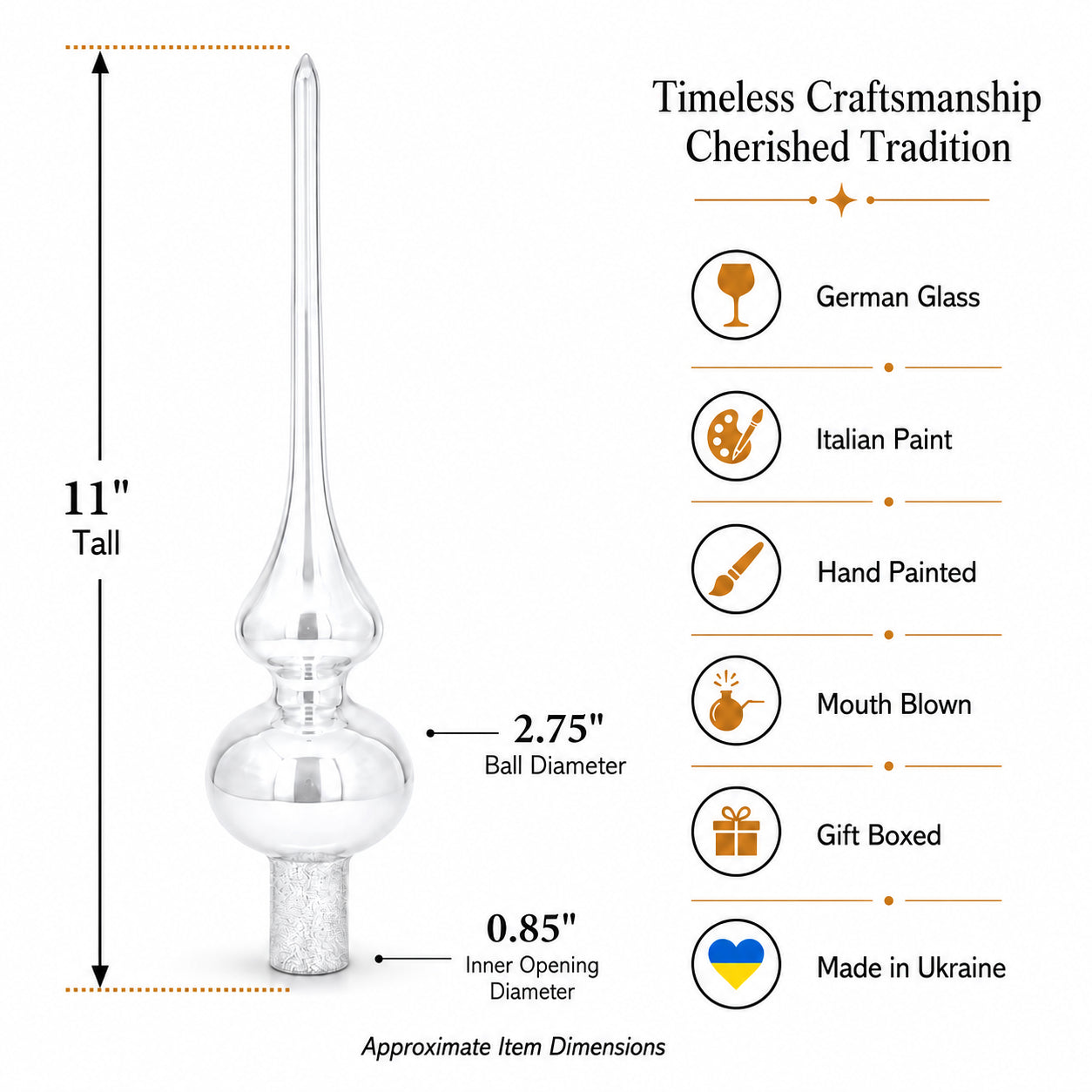 Dimensional Rope and Leaves on White Glass Christmas Tree Topper 12.5 Inches
