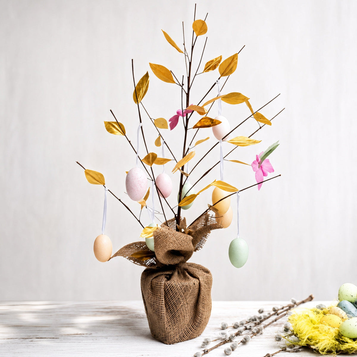 a tree with eggs and leaves in a pot