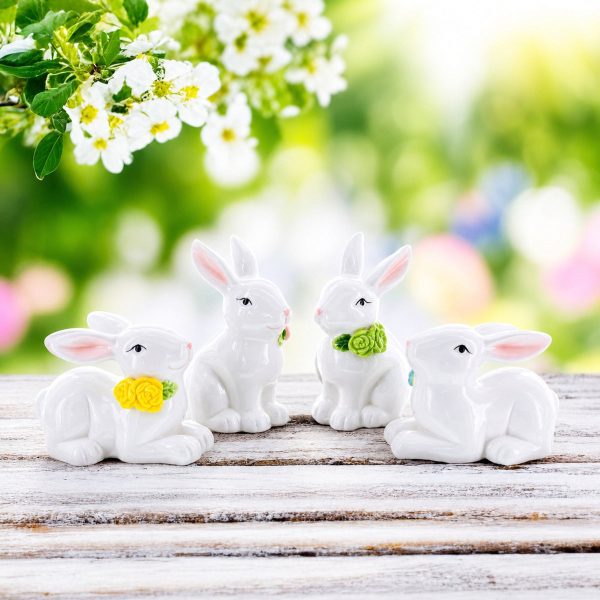a group of white rabbits on a wood surface