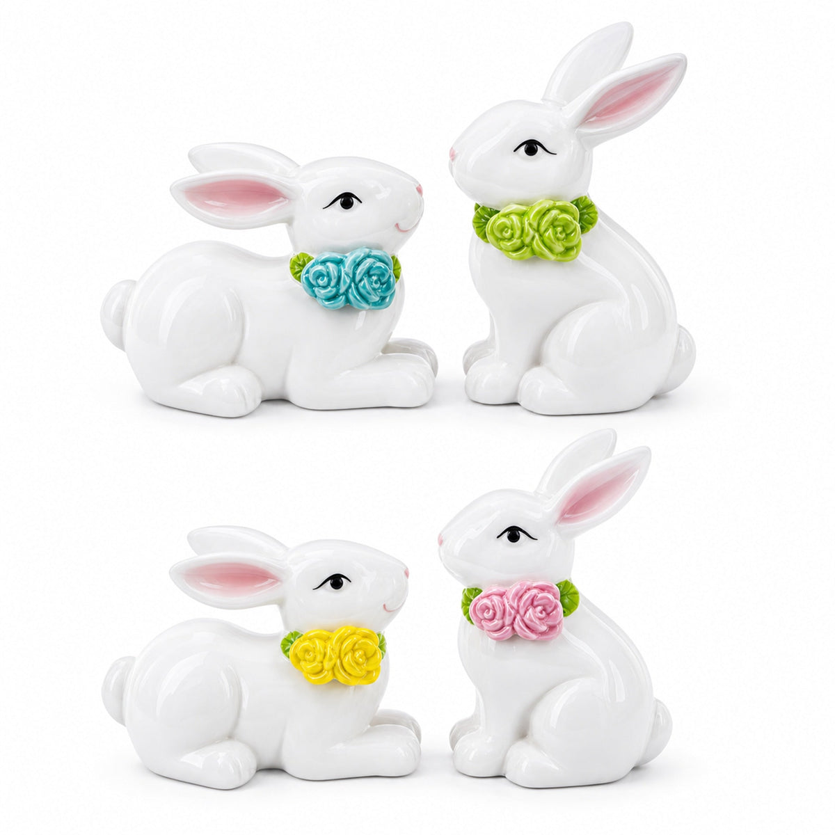 a group of white rabbits with flowers