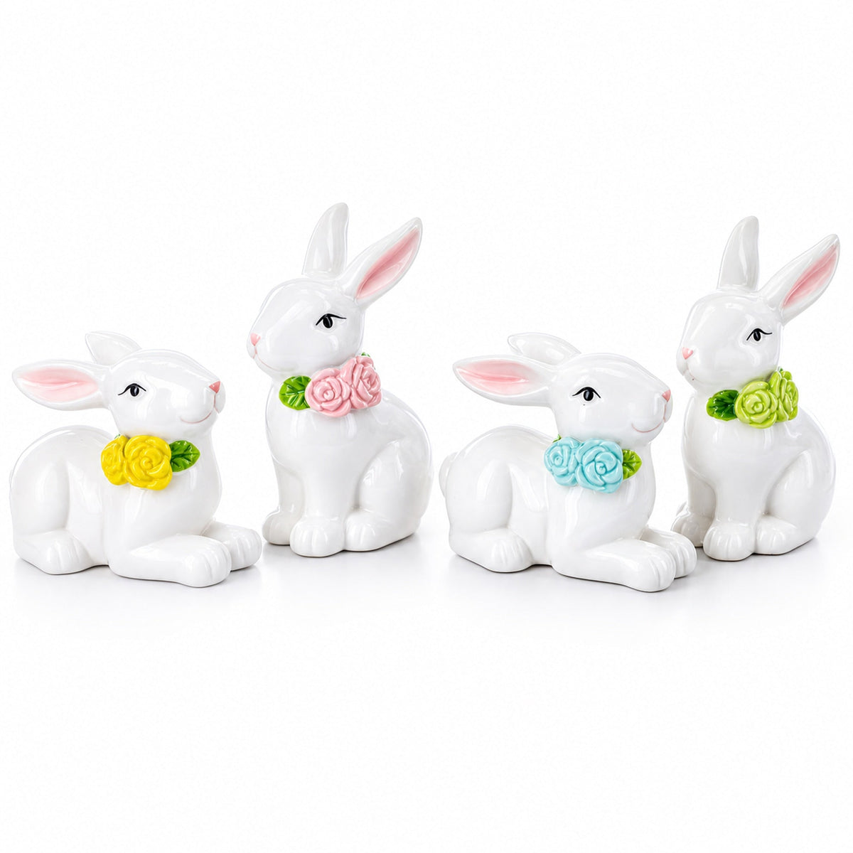 a group of white rabbits with flowers