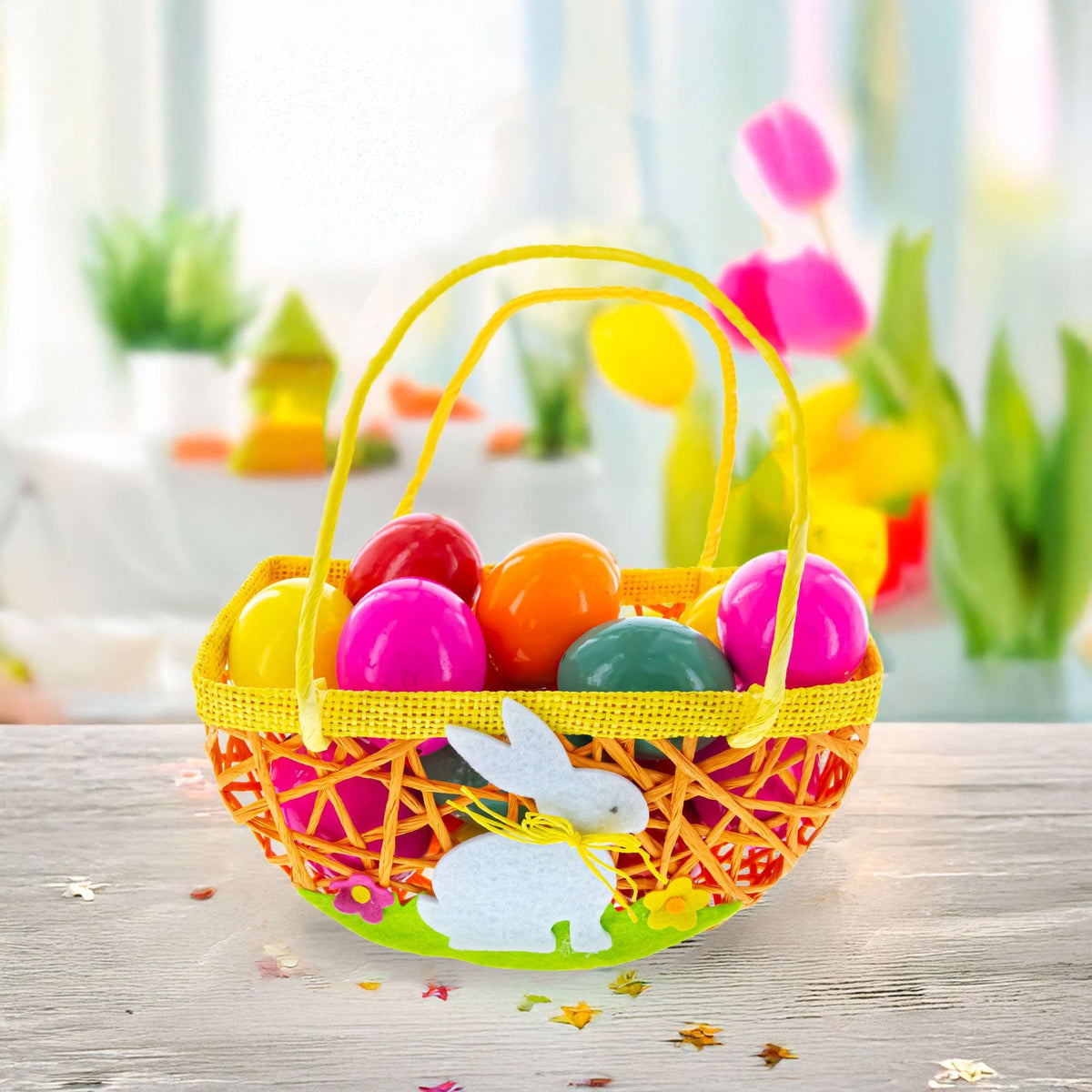 Set of 2 Easter Bunny Egg Hunt Baskets With Floral Accent 6 Inches Tall