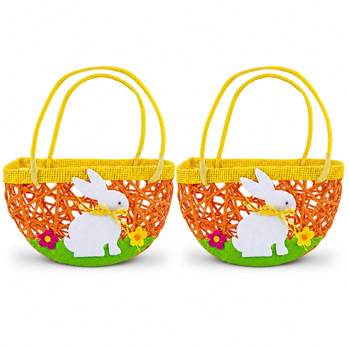 two baskets with white rabbits and yellow handles