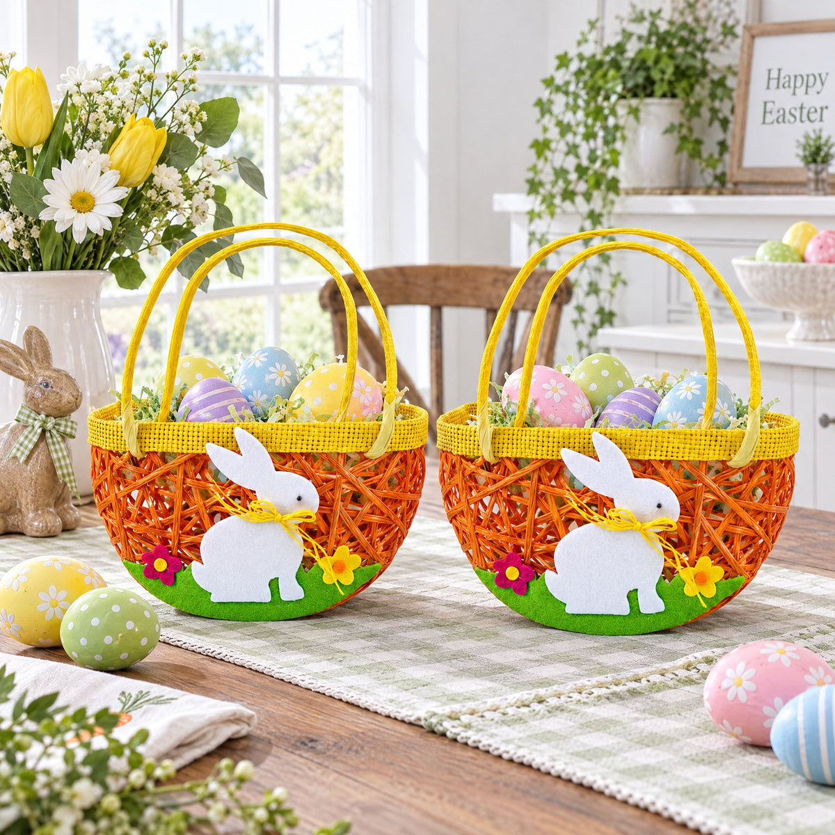two baskets with easter eggs and bunny on a table