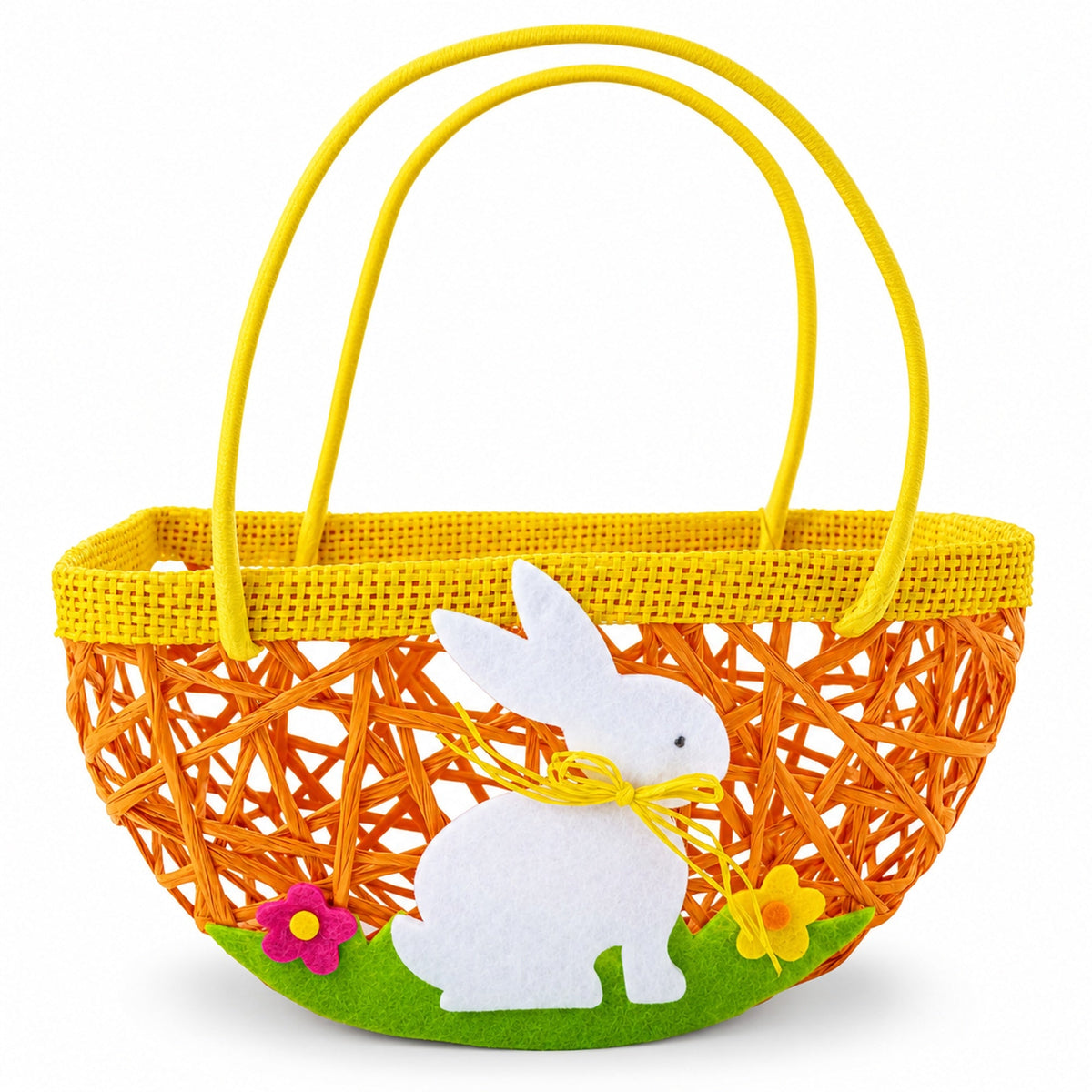 a basket with a white bunny on it