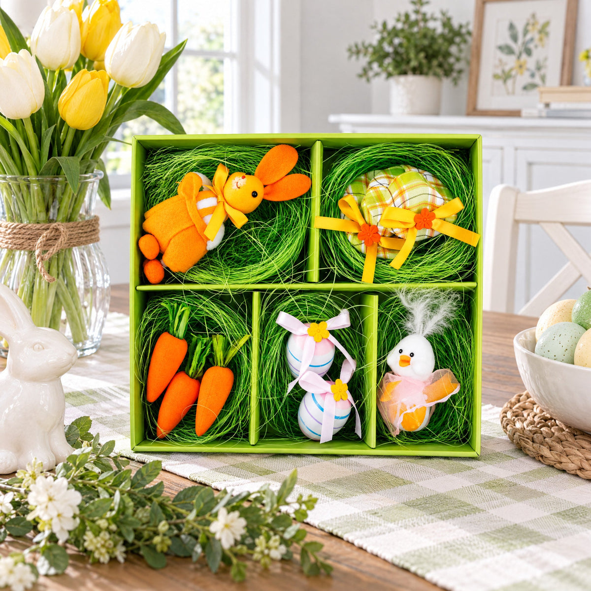 a box with a bunny and eggs on a table