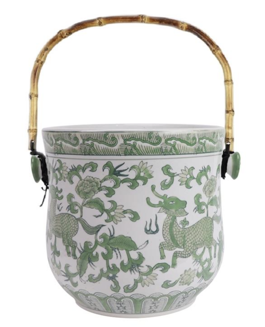 Green & White Bamboo Handle Ice Bucket