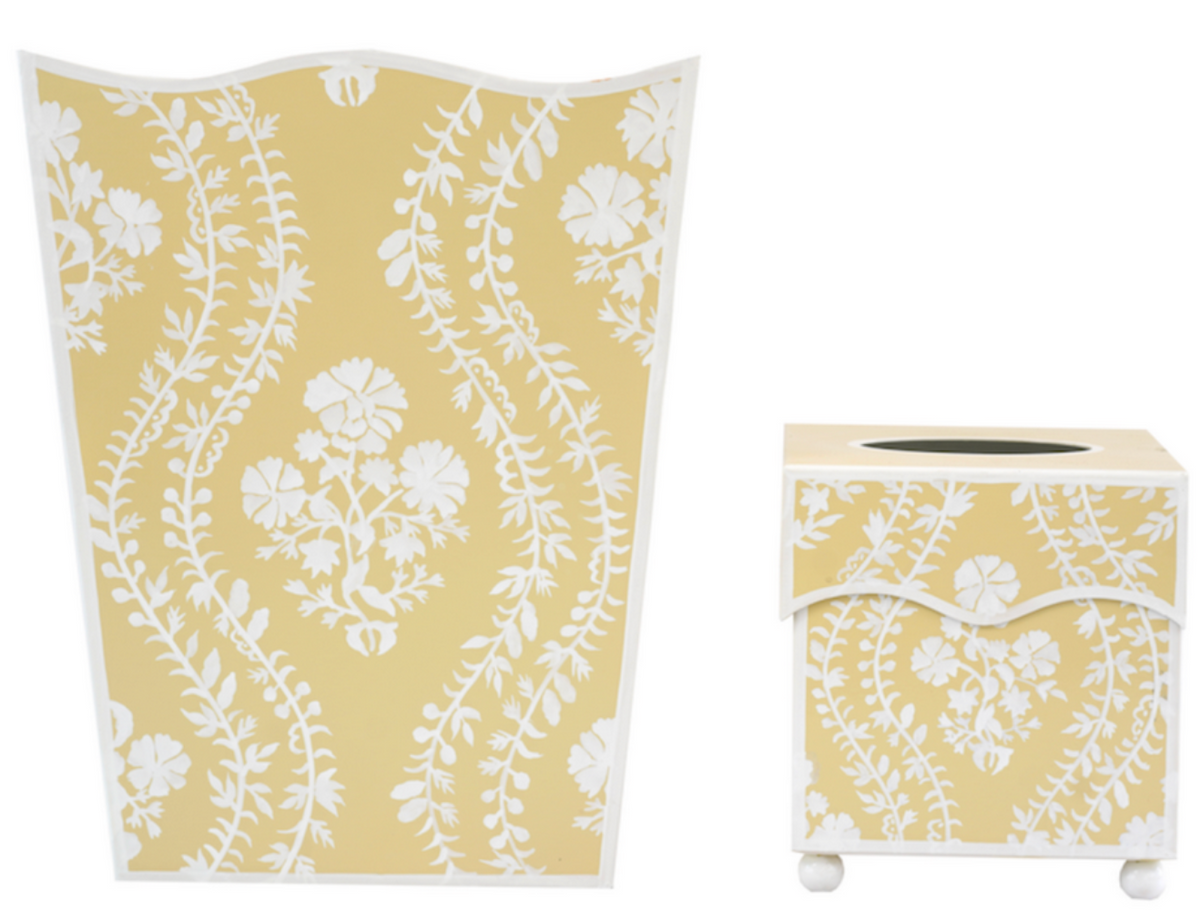 Butter Yellow Floral Trellis Wastepaper Basket & Tissue (2 Options)
