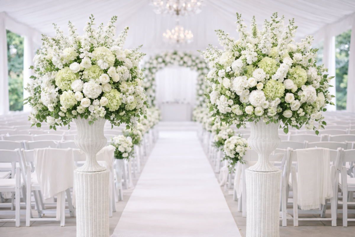 White Round Wicker Urn and Pedestal (2 Options)