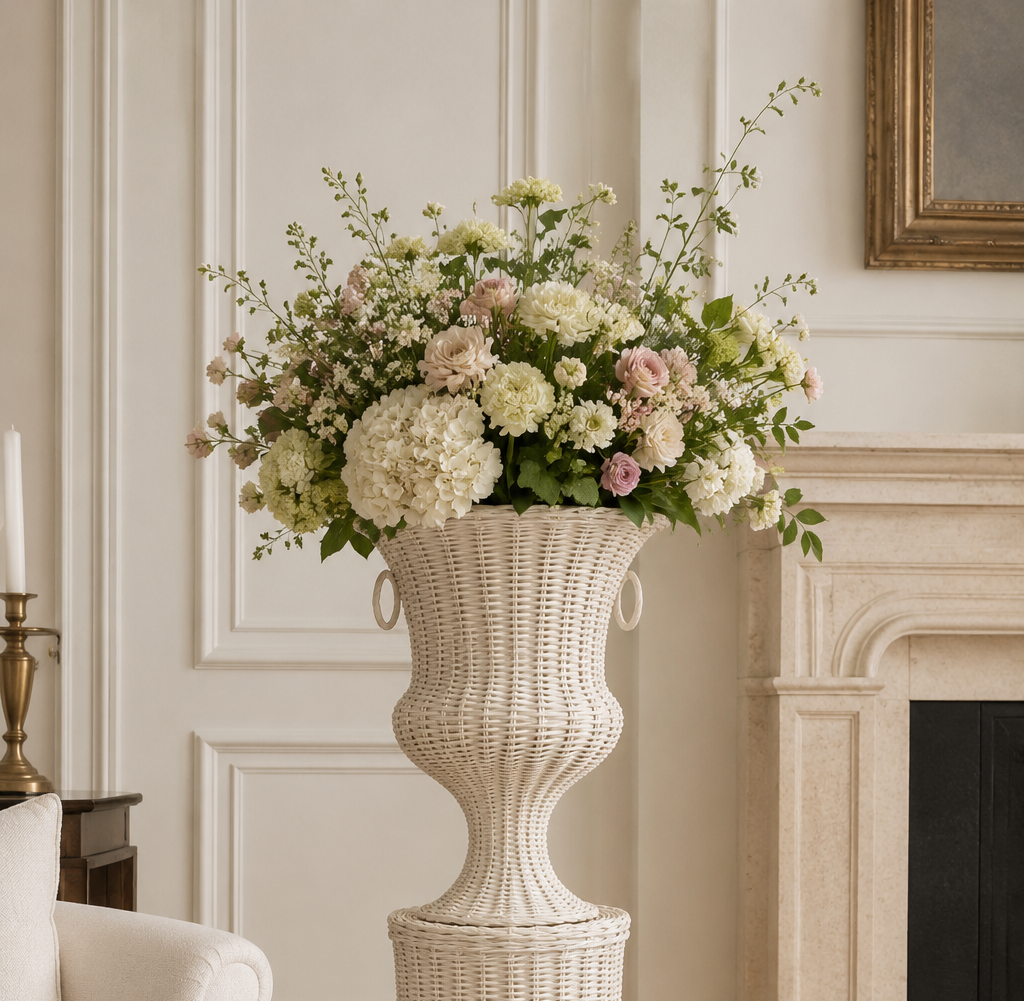 White Round Wicker Urn and Pedestal (2 Options)