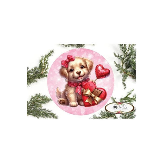 Valentine Puppy Candy Hearts Round Sign - Wreath Enhancement