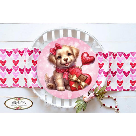 Valentine Puppy Candy Hearts Round Sign - Wreath Enhancement
