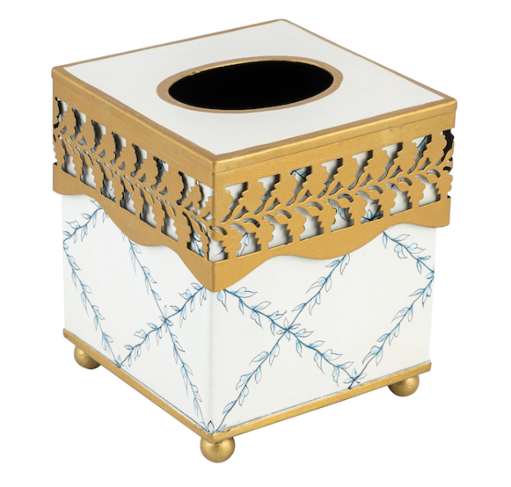 Ivory & Blue Pierced Gold Leaf Wastepaper Basket & Tissue (2 Options)