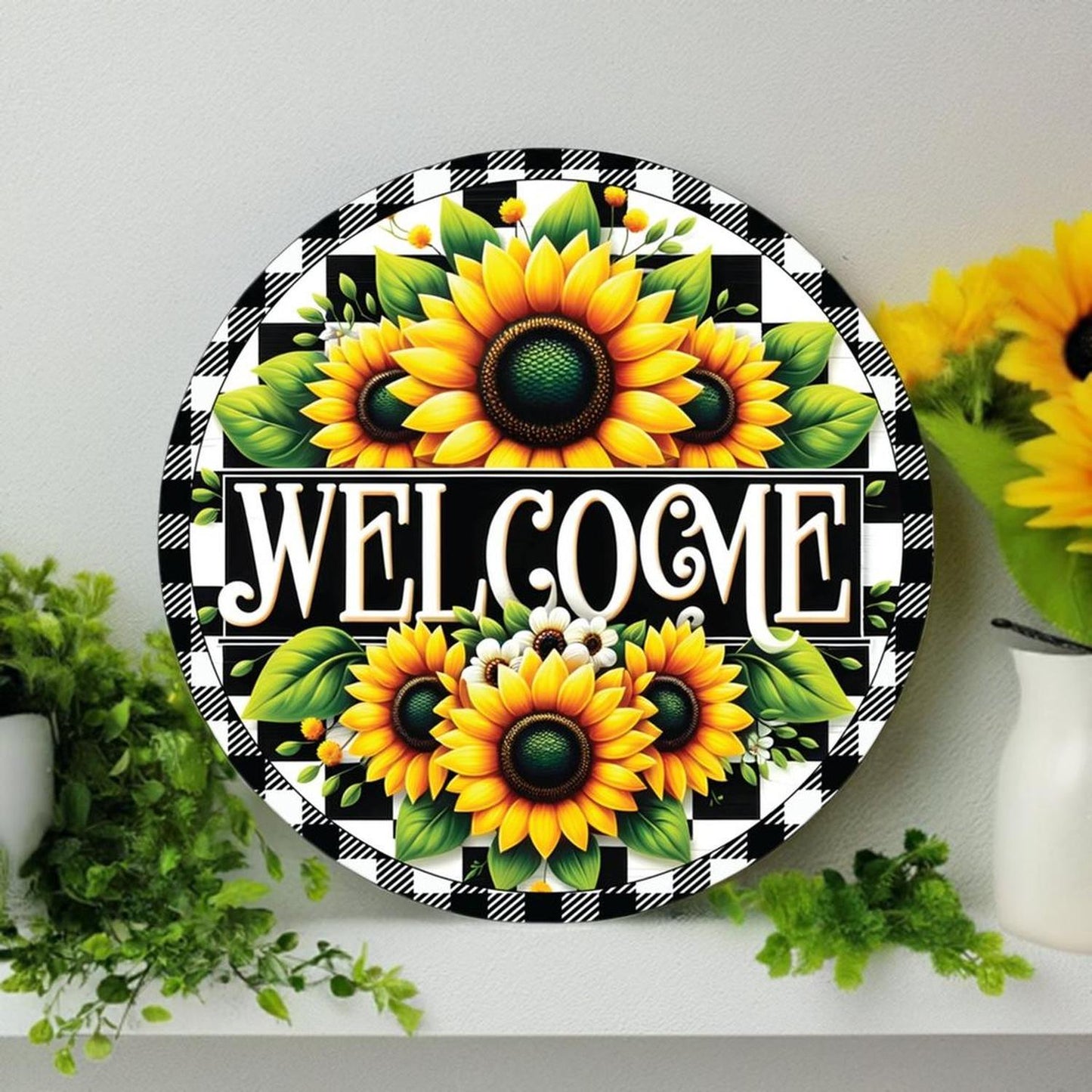Welcome Black Check Sunflower Round Sign