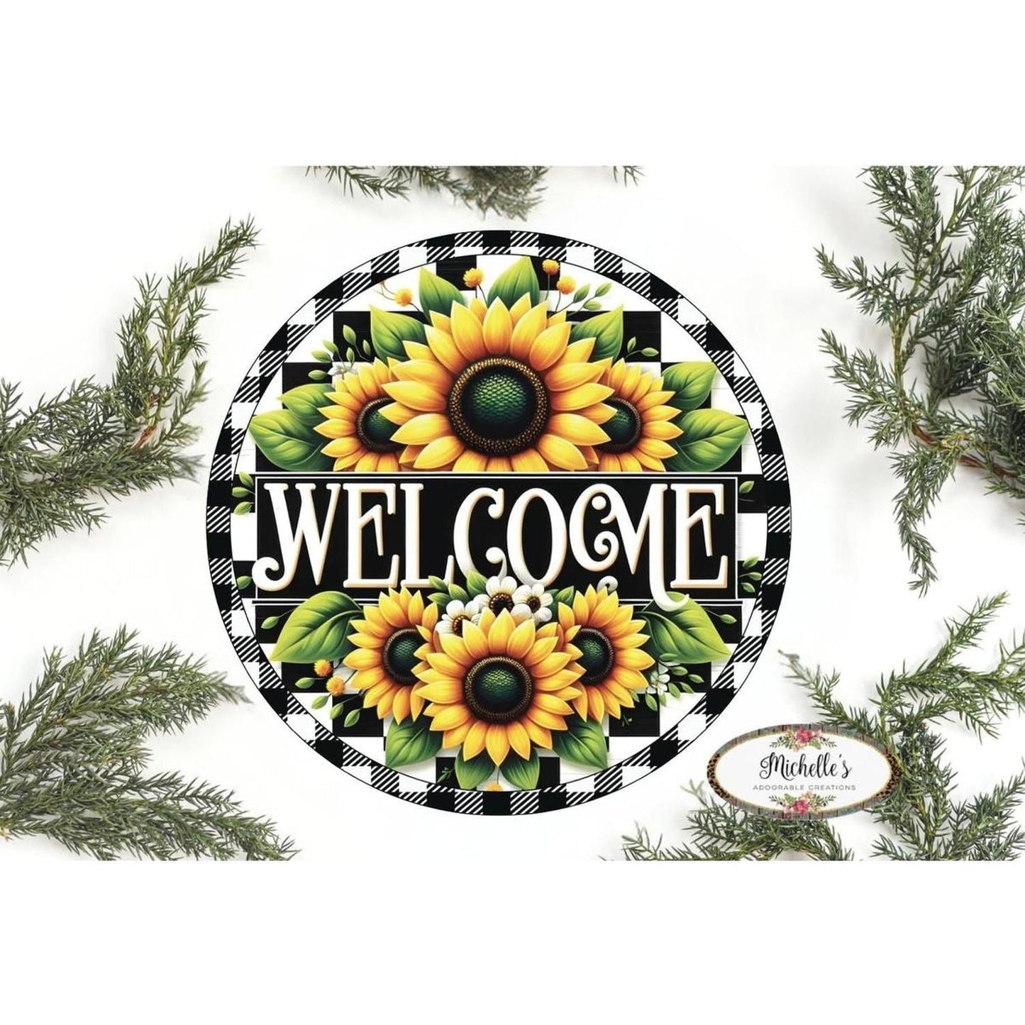 Welcome Black Check Sunflower Round Sign