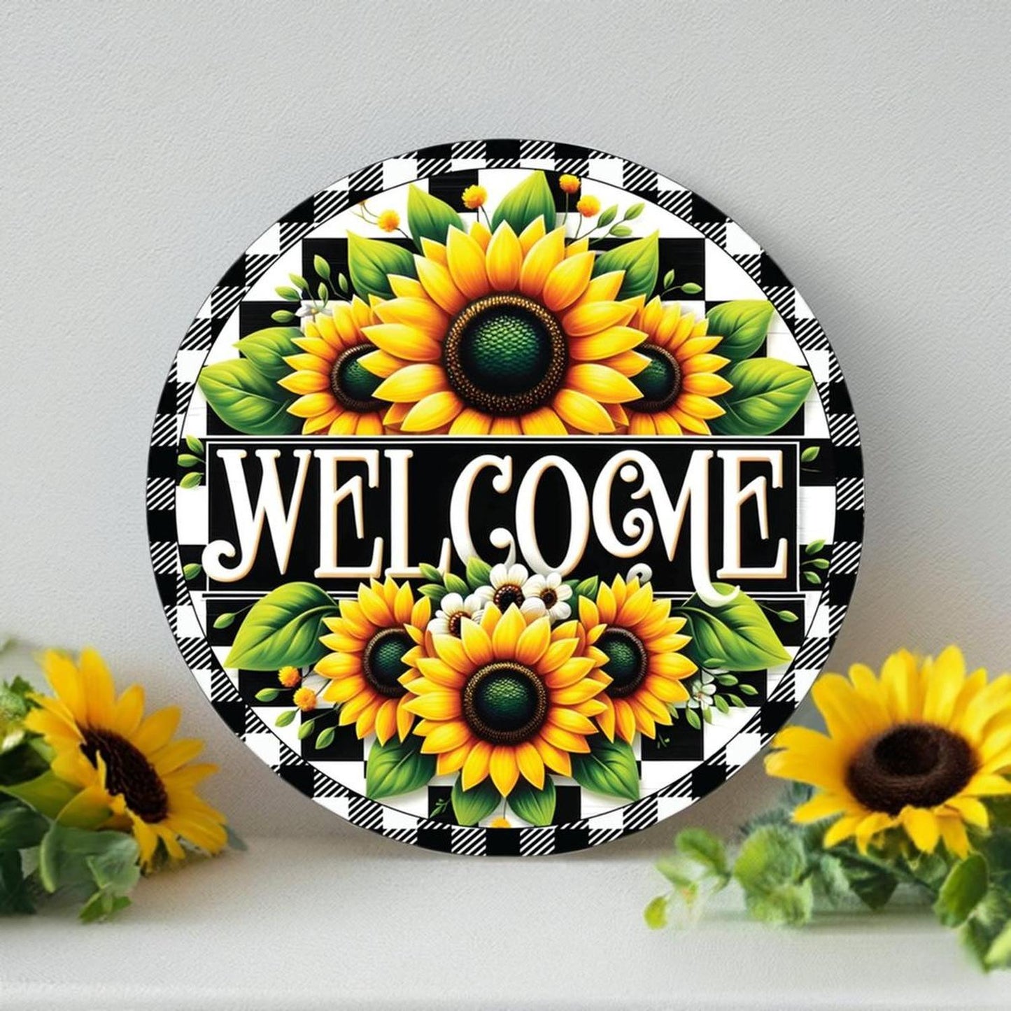 Welcome Black Check Sunflower Round Sign