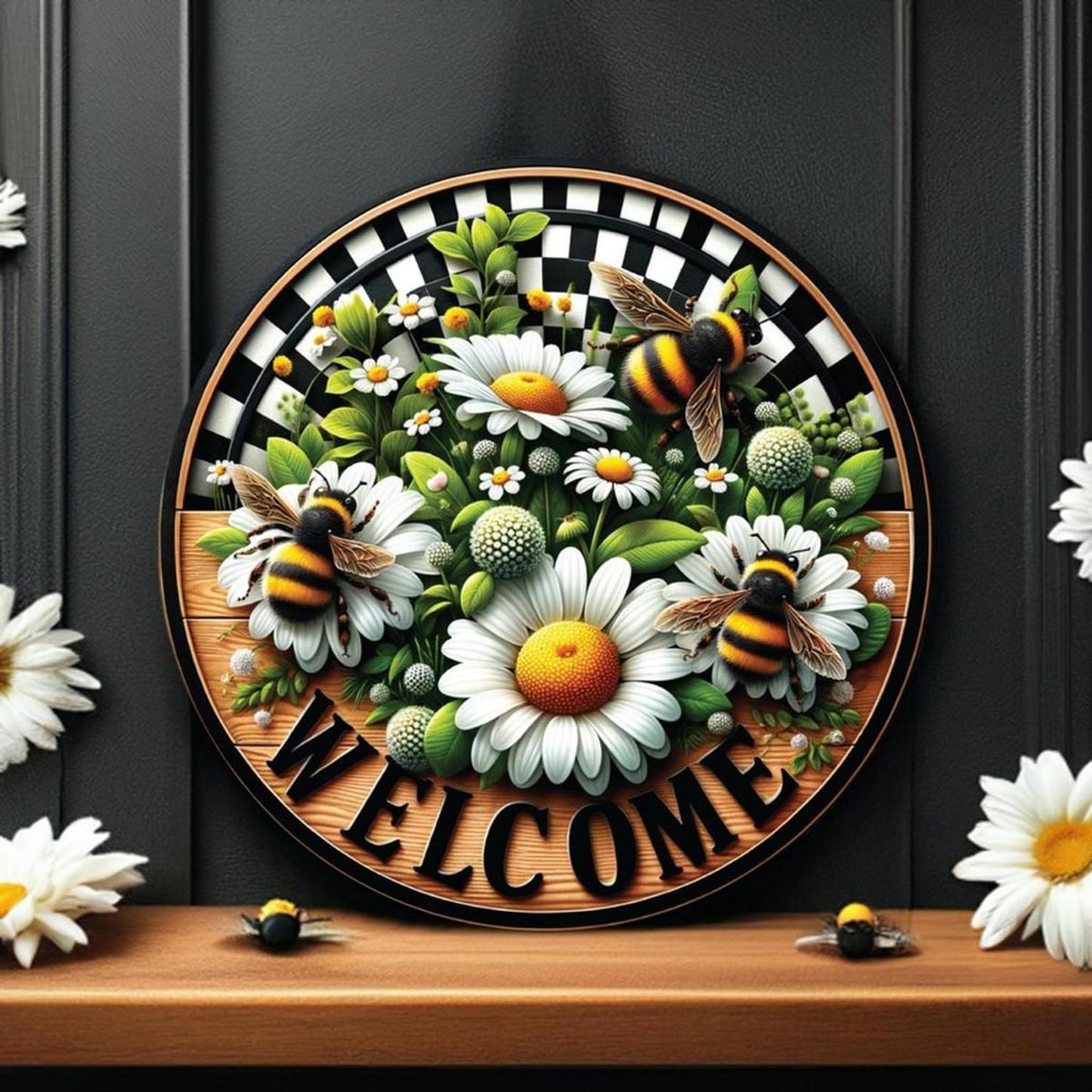 Welcome Bumblebee Daisy Round Sign
