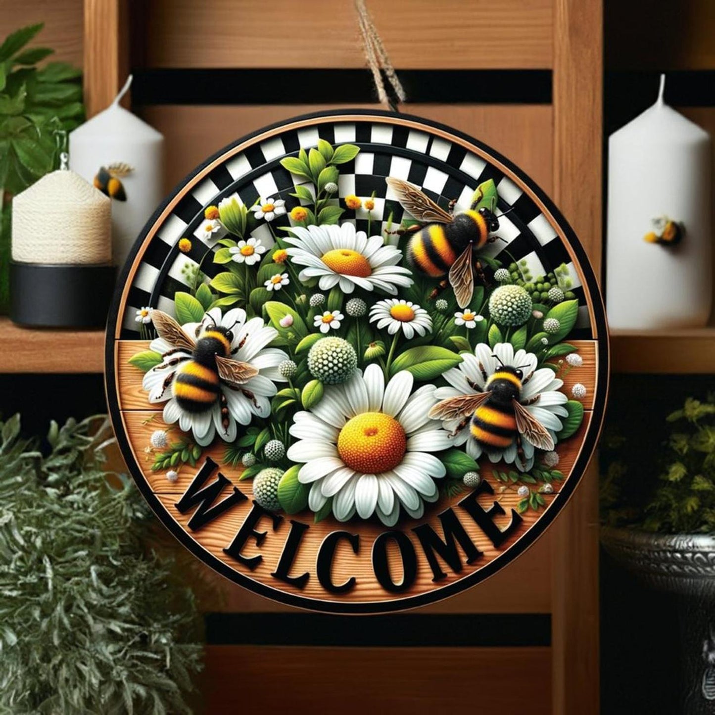 Welcome Bumblebee Daisy Round Sign