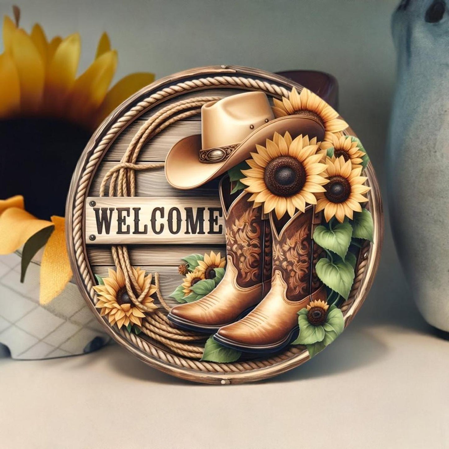 Welcome Cowboy Boots Sunflower Round Sign