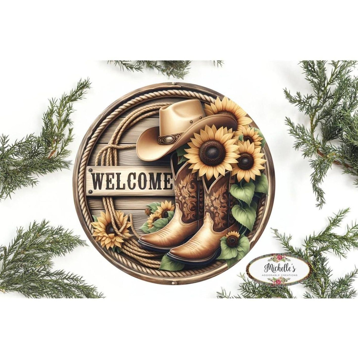 Welcome Cowboy Boots Sunflower Round Sign