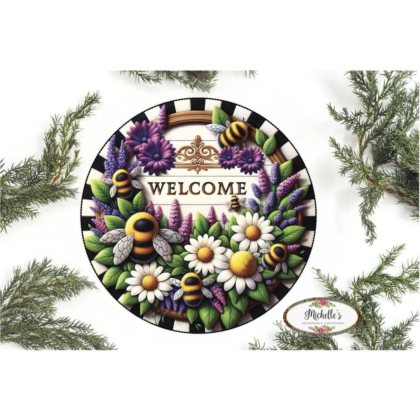Welcome Floral Bumblebee Round Sign