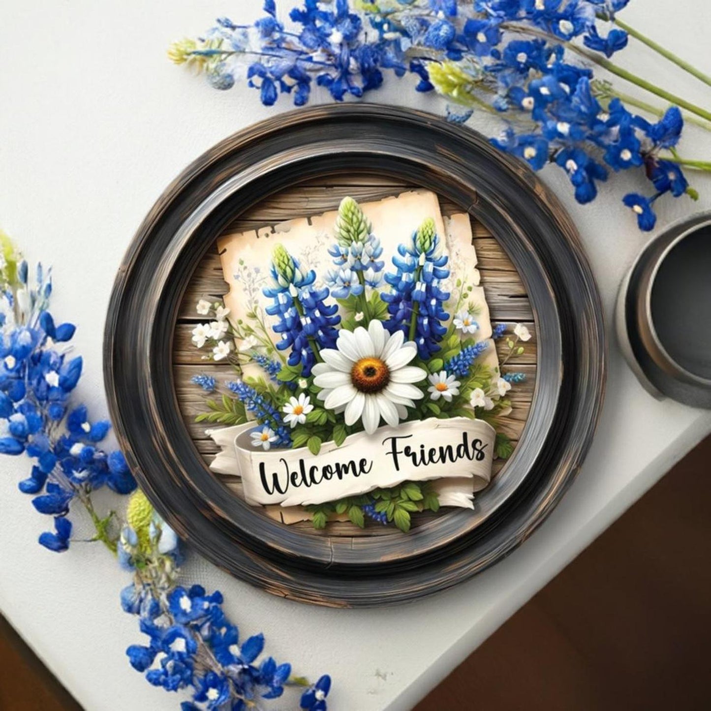 Welcome Friends Rustic Bluebonnet Round Sign