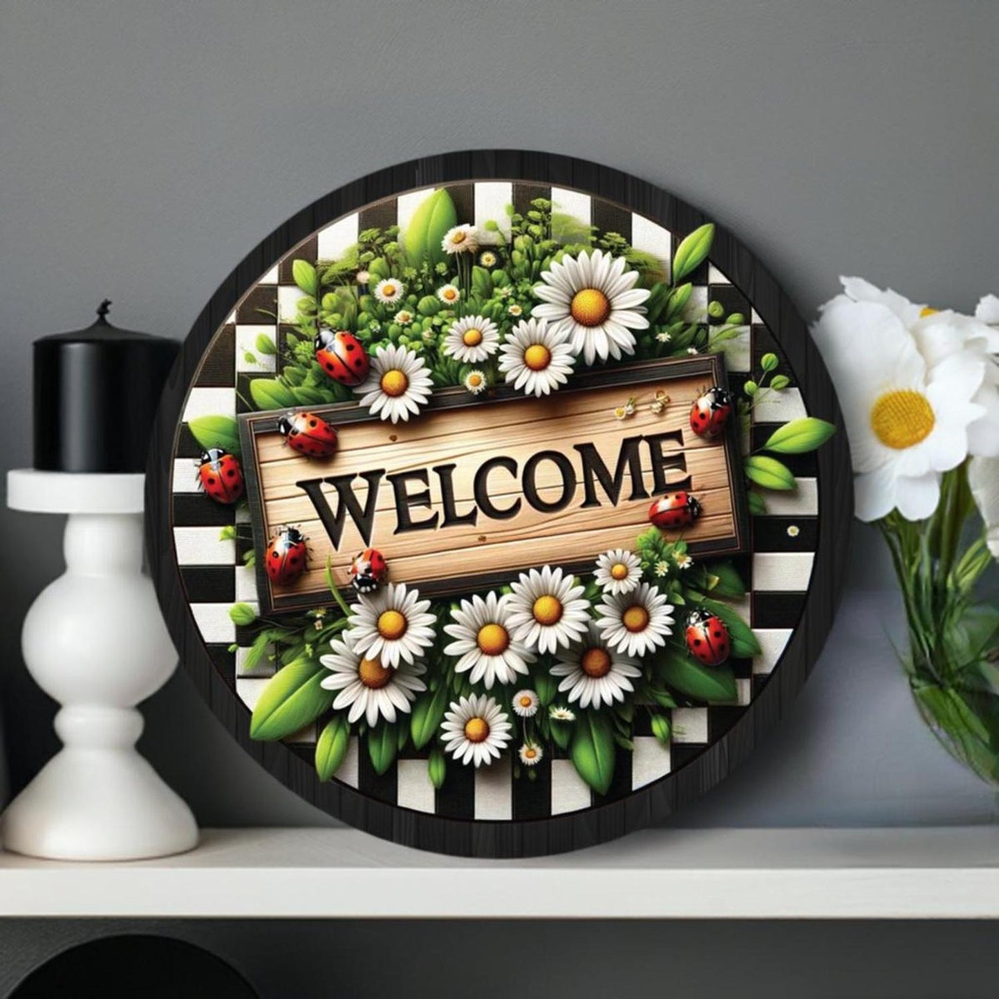 Welcome Ladybug Daisy Round Sign