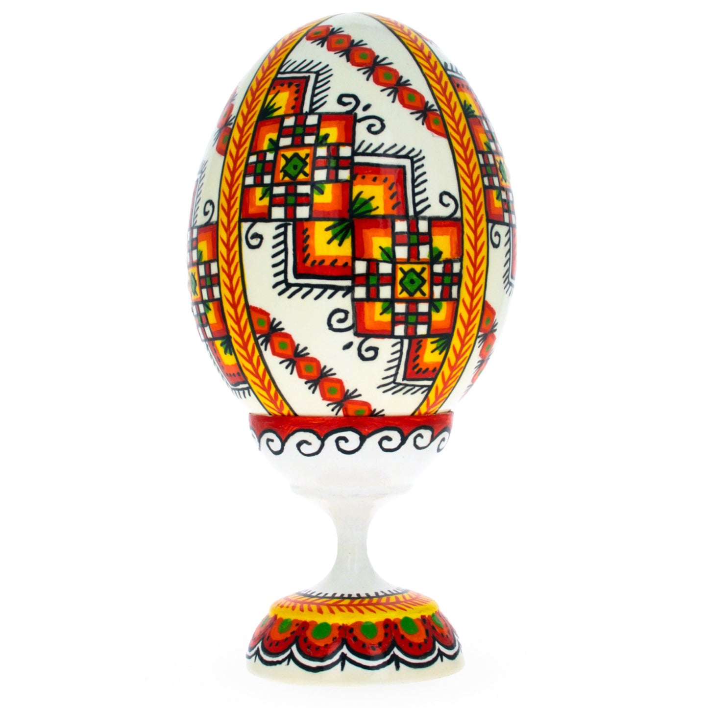 Embroidered Stripe Ukrainian Wooden Easter Egg Pysanka on a Stand 3.75 Inches