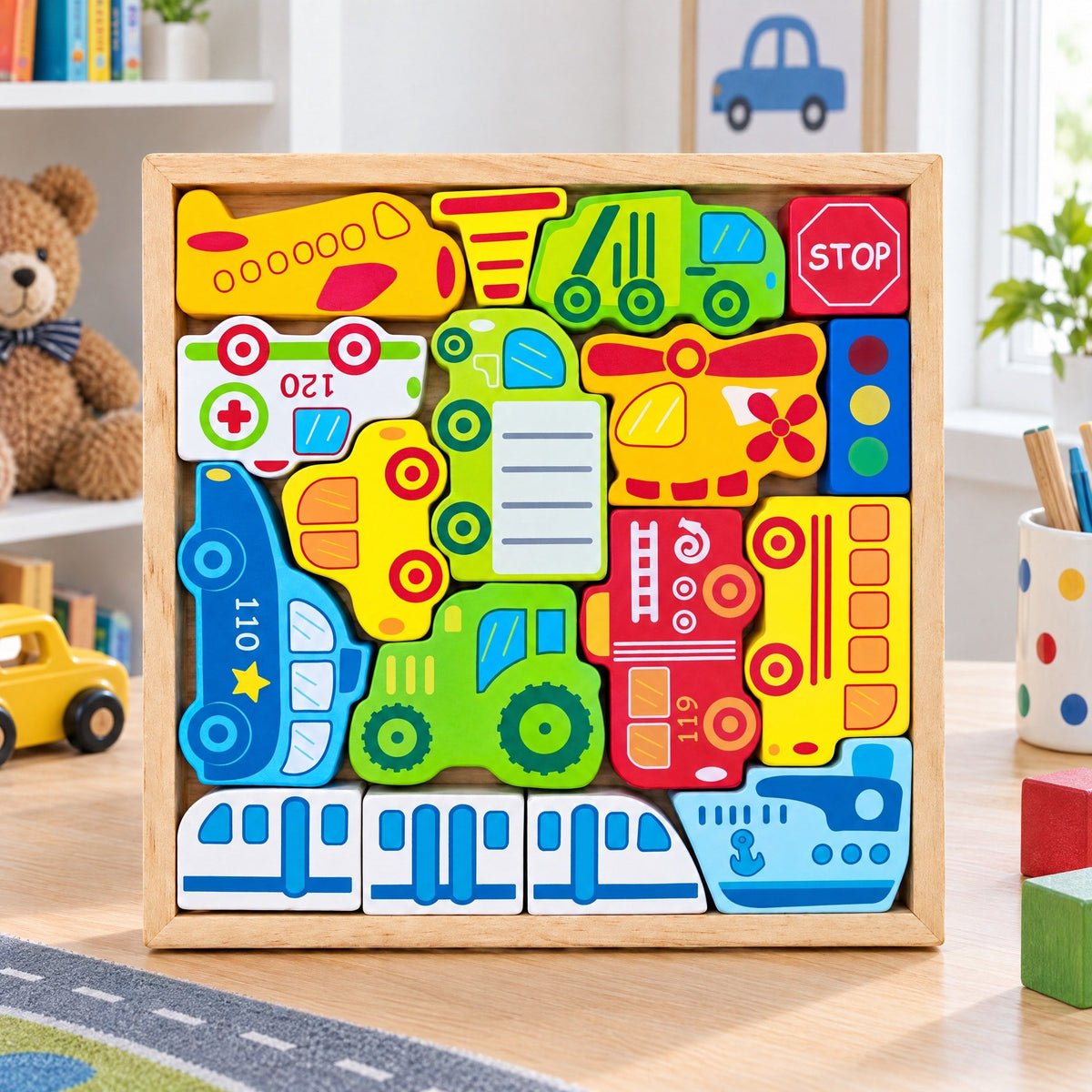 Cars, Ship, Plane, Helicopter and Sign Learning Wooden Blocks Puzzle
