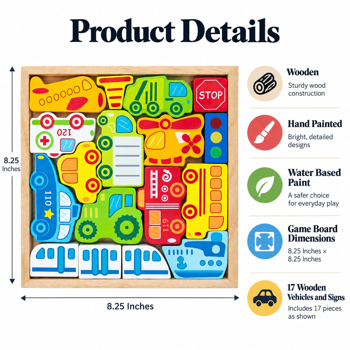 Cars, Ship, Plane, Helicopter and Sign Learning Wooden Blocks Puzzle